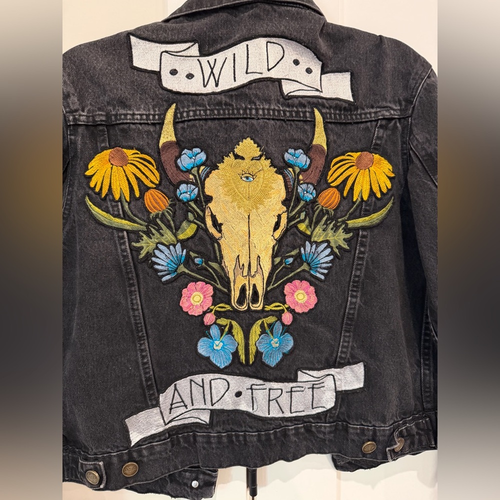 DENIM & BONE Wild and Free Black Denim Jacket Oversized Sz Small Free People - Picture 11 of 16
